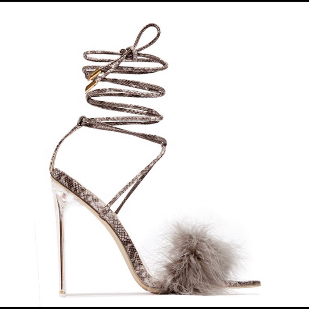 Fur Trimmed Faux Snakeskin Heel